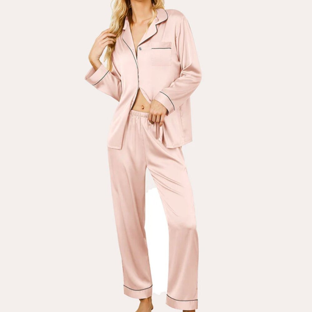 Ekouaer Teddy Classic Satin Pajama Set - Pink